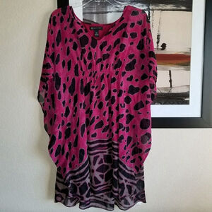 INC Petite Sheer Animal Print Dress Berry Pink Chiffon Batwing Sleeves Size 10P